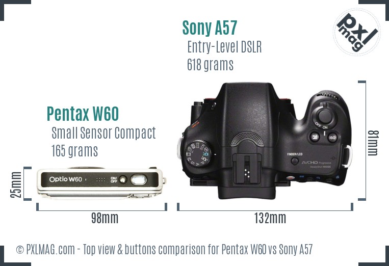 Pentax W60 vs Sony A57 top view buttons comparison