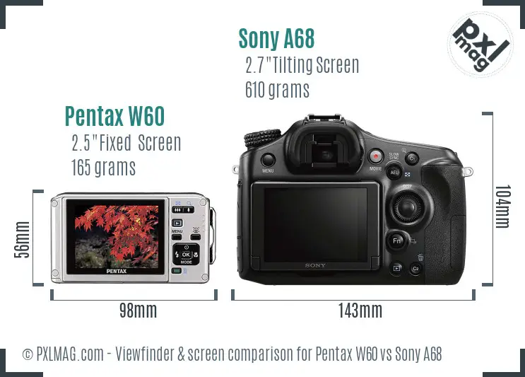 Pentax W60 vs Sony A68 Screen and Viewfinder comparison Pentax W60 vs Sony A68 Screen and Viewfinder comparison