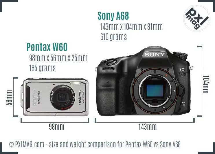 Pentax W60 vs Sony A68 size comparison Pentax W60 vs Sony A68 size comparison