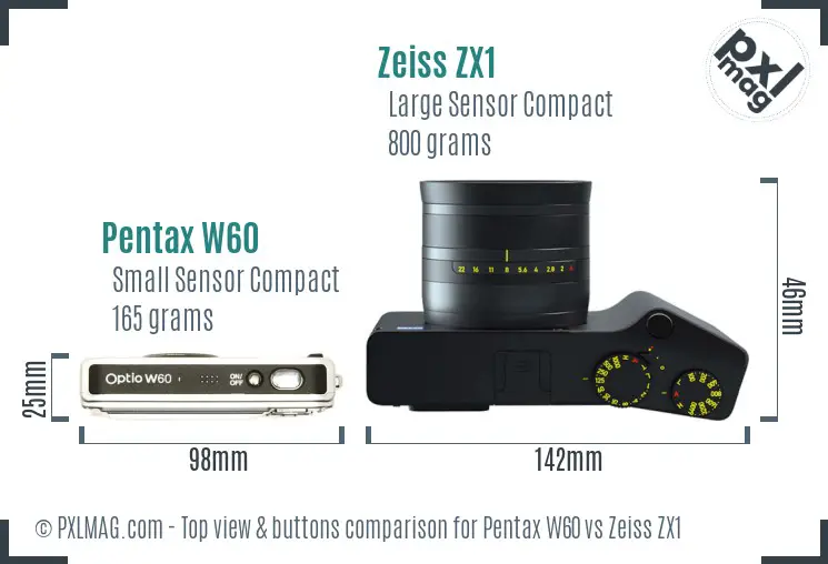Pentax W60 vs Zeiss ZX1 top view buttons comparison Pentax W60 vs Zeiss ZX1 top view buttons comparison
