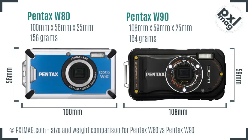 Pentax W80 vs Pentax W90 size comparison