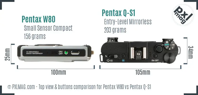 Pentax W80 vs Pentax Q-S1 top view buttons comparison