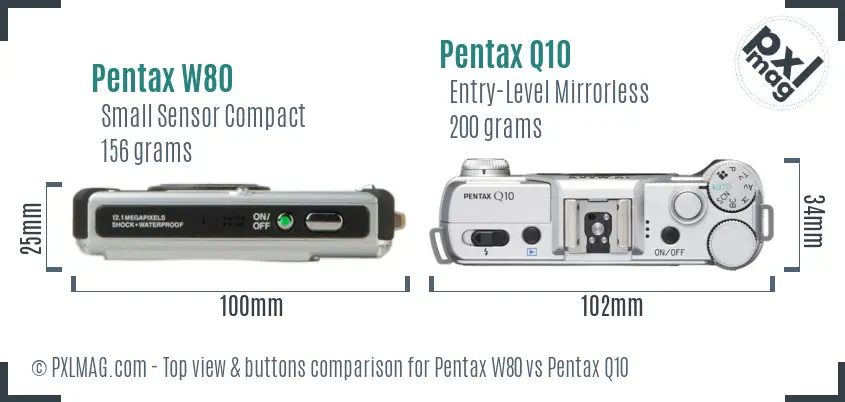 Pentax W80 vs Pentax Q10 top view buttons comparison