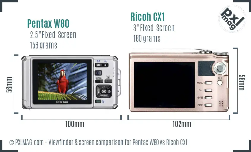 Pentax W80 vs Ricoh CX1 Screen and Viewfinder comparison