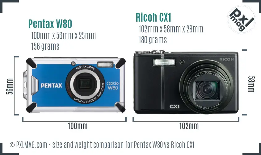 Pentax W80 vs Ricoh CX1 size comparison