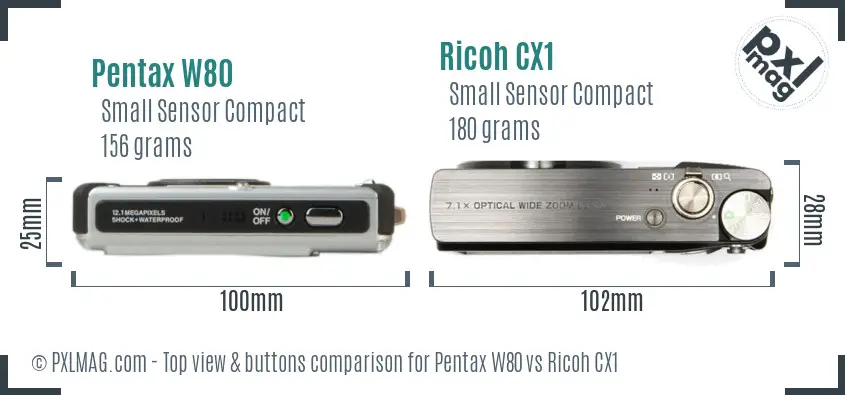 Pentax W80 vs Ricoh CX1 top view buttons comparison