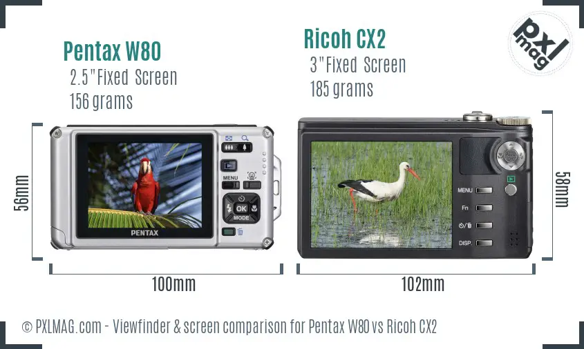 Pentax W80 vs Ricoh CX2 Screen and Viewfinder comparison