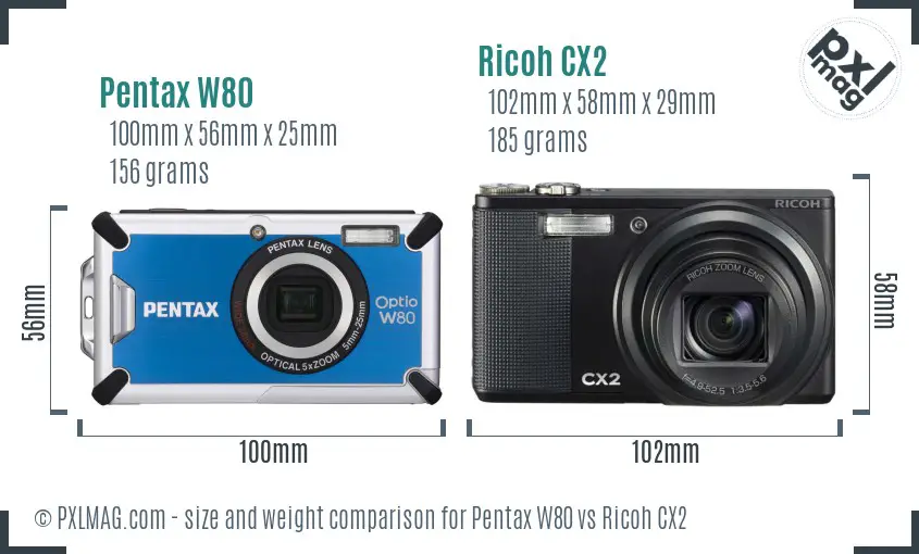 Pentax W80 vs Ricoh CX2 size comparison Pentax W80 vs Ricoh CX2 size comparison