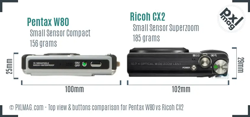 Pentax W80 vs Ricoh CX2 top view buttons comparison