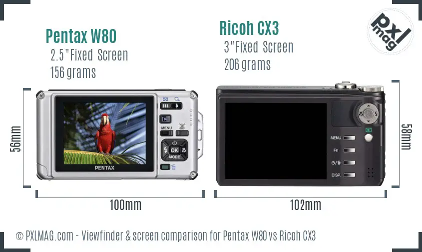 Pentax W80 vs Ricoh CX3 Screen and Viewfinder comparison