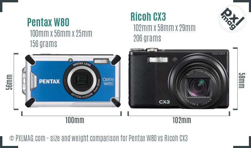 Pentax W80 vs Ricoh CX3 size comparison