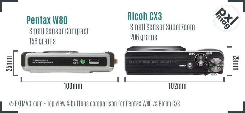 Pentax W80 vs Ricoh CX3 top view buttons comparison