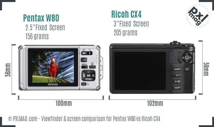 Pentax W80 vs Ricoh CX4 Screen and Viewfinder comparison