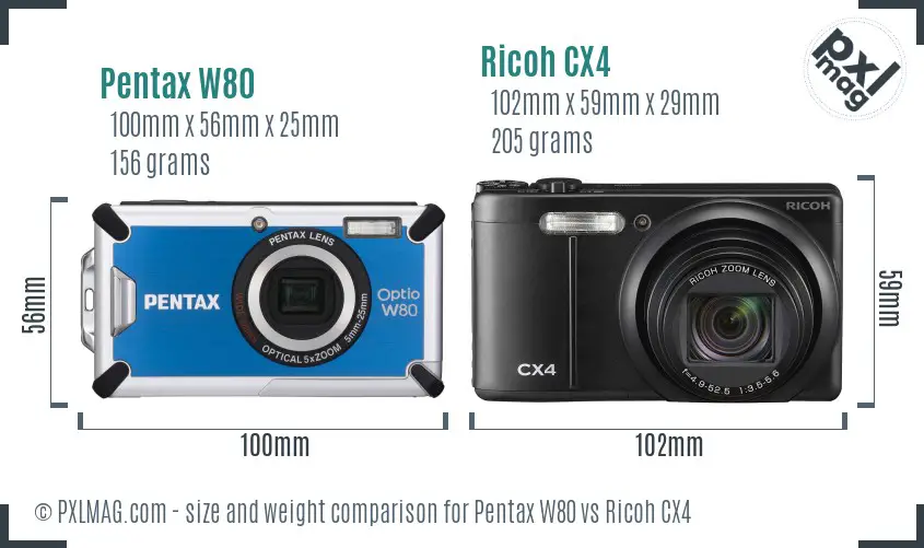 Pentax W80 vs Ricoh CX4 size comparison