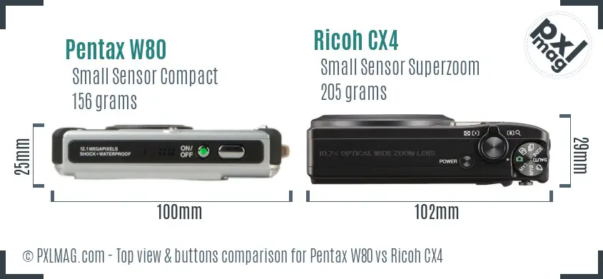 Pentax W80 vs Ricoh CX4 top view buttons comparison