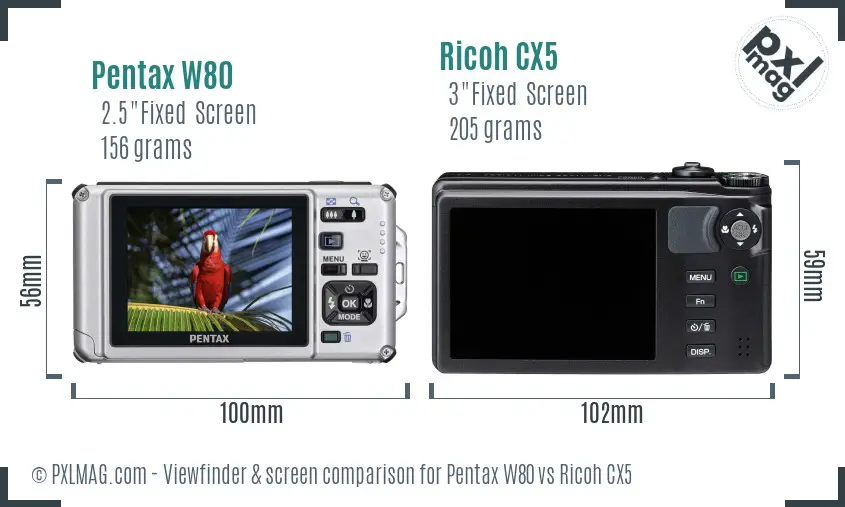 Pentax W80 vs Ricoh CX5 Screen and Viewfinder comparison