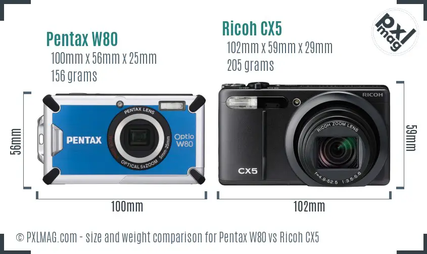 Pentax W80 vs Ricoh CX5 size comparison