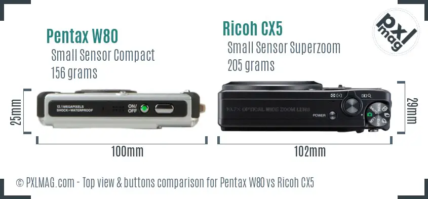 Pentax W80 vs Ricoh CX5 top view buttons comparison