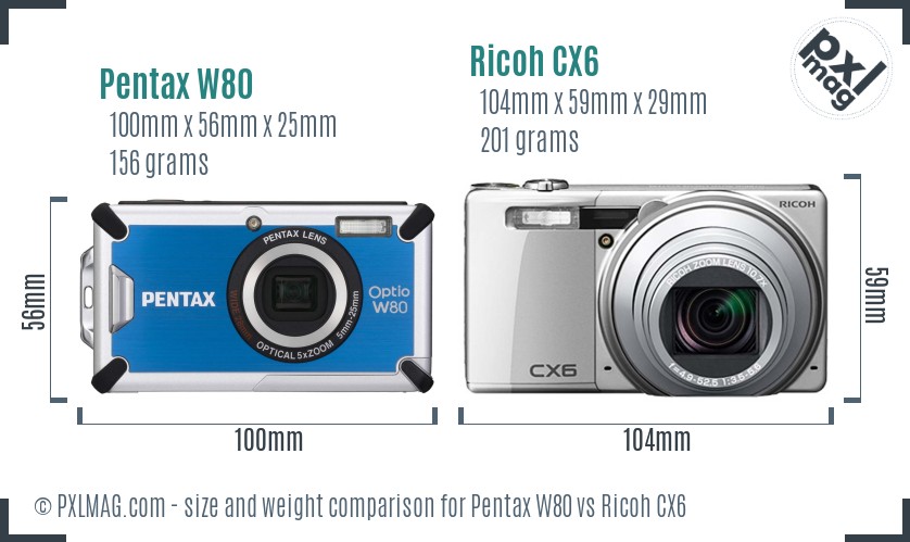 Pentax W80 vs Ricoh CX6 size comparison Pentax W80 vs Ricoh CX6 size comparison