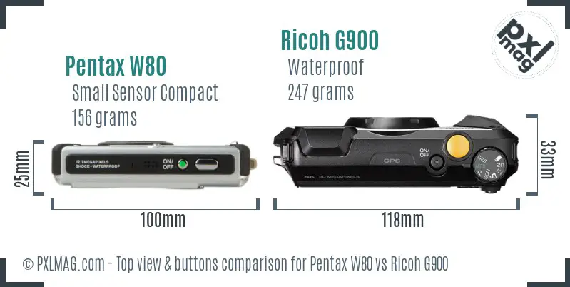 Pentax W80 vs Ricoh G900 top view buttons comparison Pentax W80 vs Ricoh G900 top view buttons comparison