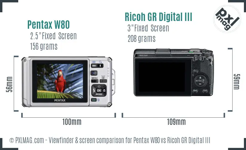 Pentax W80 vs Ricoh GR Digital III Screen and Viewfinder comparison
