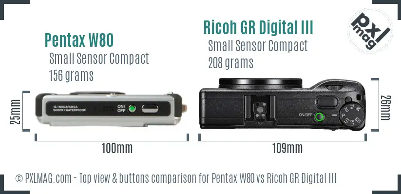 Pentax W80 vs Ricoh GR Digital III top view buttons comparison