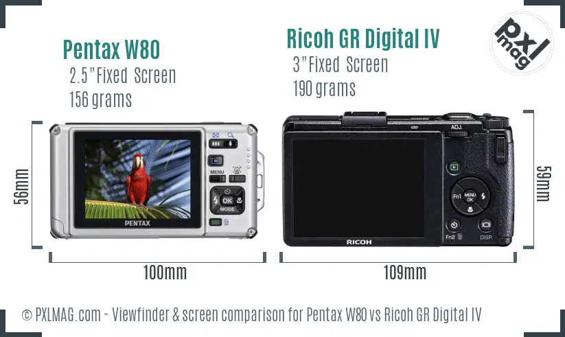 Pentax W80 vs Ricoh GR Digital IV Screen and Viewfinder comparison