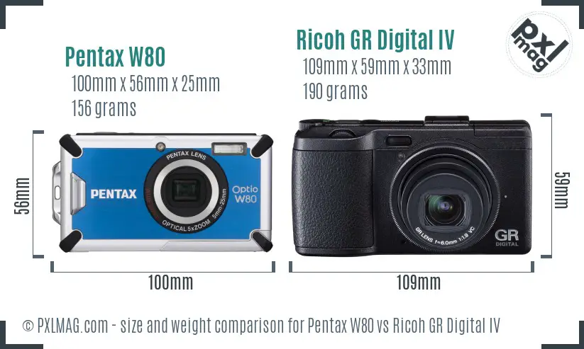 Pentax W80 vs Ricoh GR Digital IV size comparison