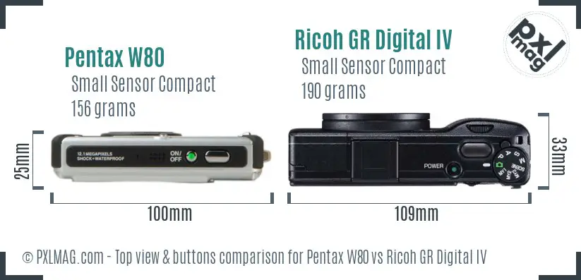 Pentax W80 vs Ricoh GR Digital IV top view buttons comparison