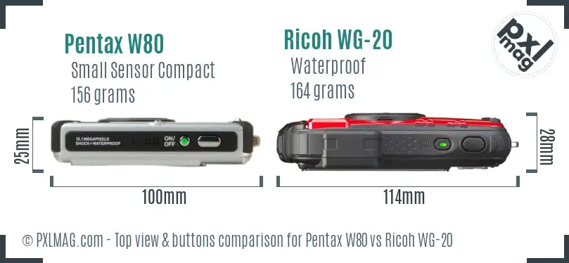 Pentax W80 vs Ricoh WG-20 top view buttons comparison