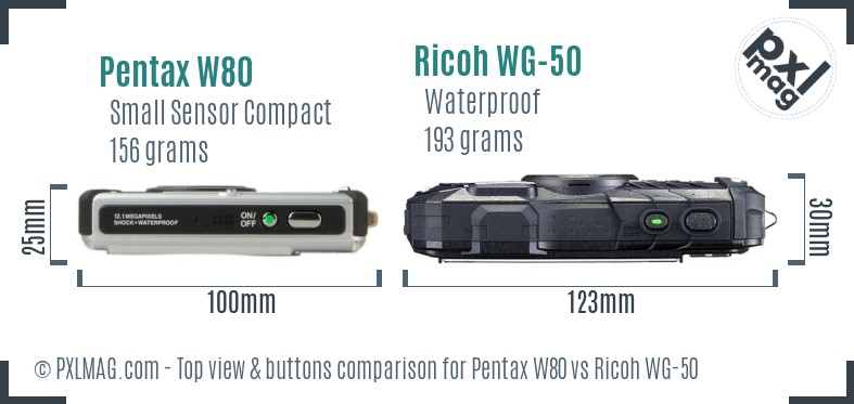 Pentax W80 vs Ricoh WG-50 top view buttons comparison