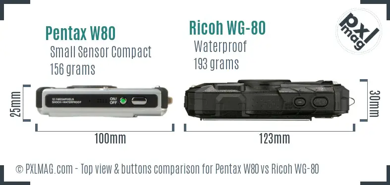 Pentax W80 vs Ricoh WG-80 top view buttons comparison