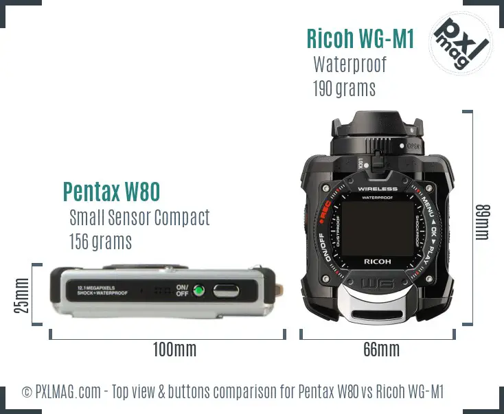 Pentax W80 vs Ricoh WG-M1 top view buttons comparison