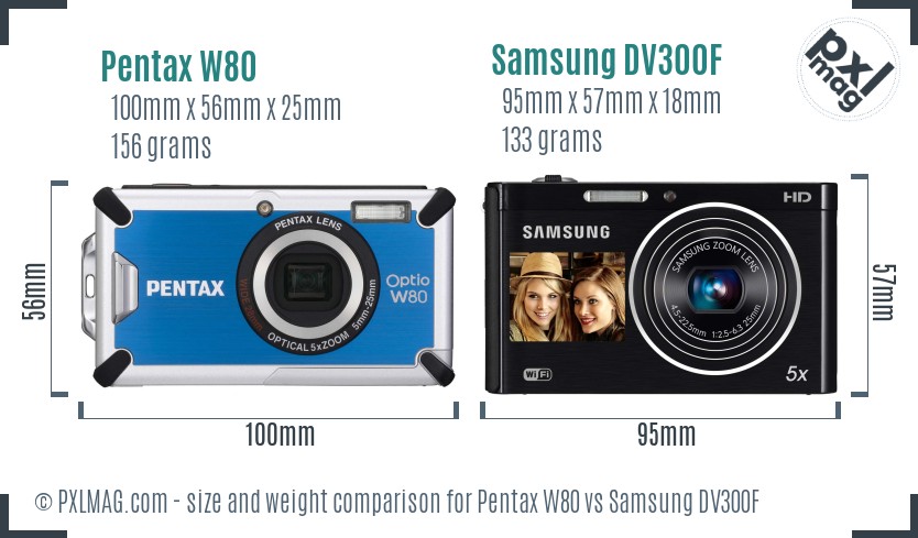 Pentax W80 vs Samsung DV300F size comparison