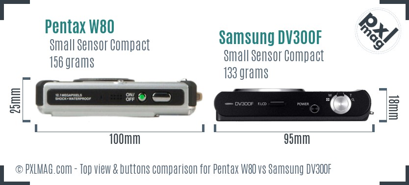 Pentax W80 vs Samsung DV300F top view buttons comparison
