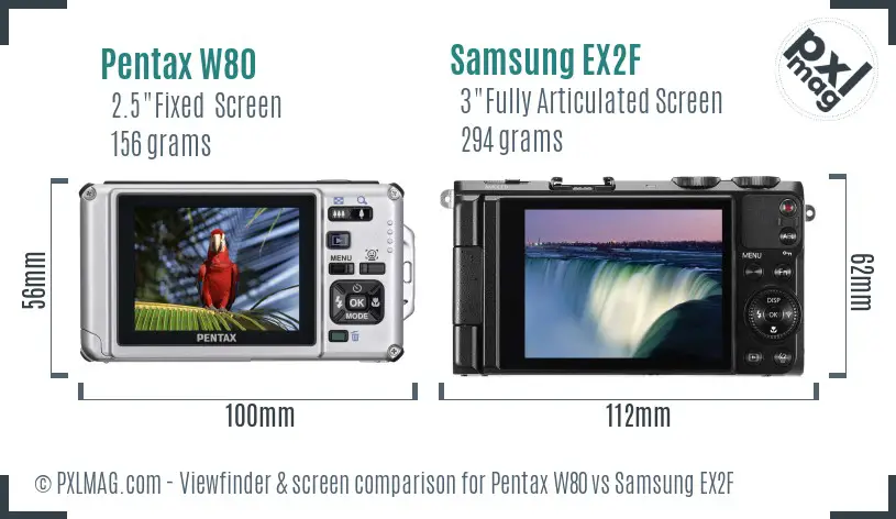 Pentax W80 vs Samsung EX2F Screen and Viewfinder comparison