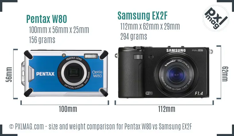 Pentax W80 vs Samsung EX2F size comparison