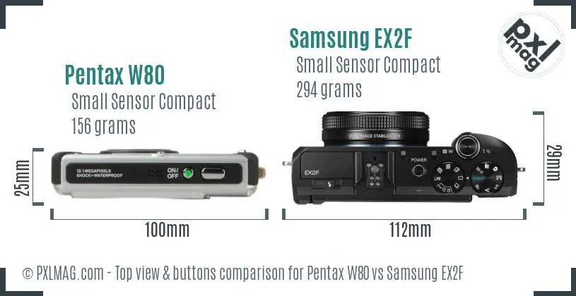 Pentax W80 vs Samsung EX2F top view buttons comparison