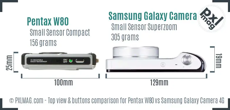 Pentax W80 vs Samsung Galaxy Camera 4G top view buttons comparison Pentax W80 vs Samsung Galaxy Camera 4G top view buttons comparison