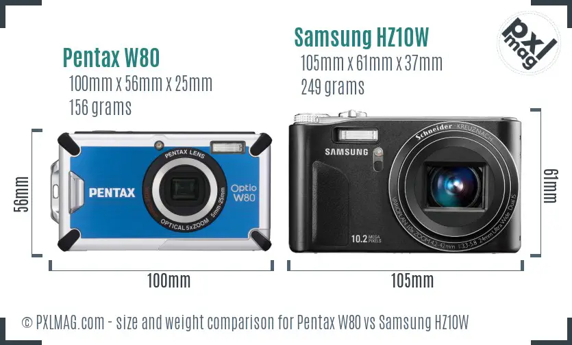 Pentax W80 vs Samsung HZ10W size comparison Pentax W80 vs Samsung HZ10W size comparison