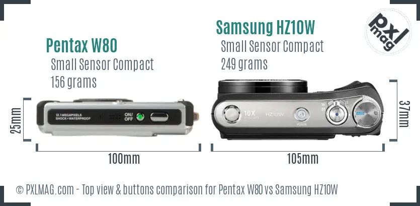 Pentax W80 vs Samsung HZ10W top view buttons comparison Pentax W80 vs Samsung HZ10W top view buttons comparison