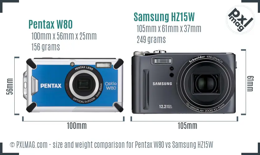 Pentax W80 vs Samsung HZ15W size comparison Pentax W80 vs Samsung HZ15W size comparison