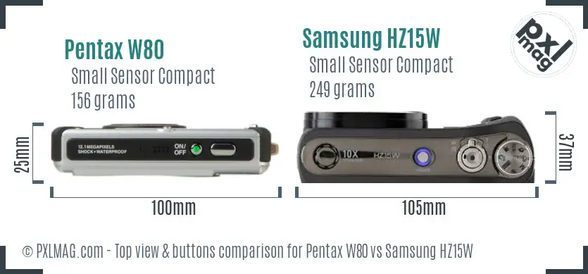 Pentax W80 vs Samsung HZ15W top view buttons comparison