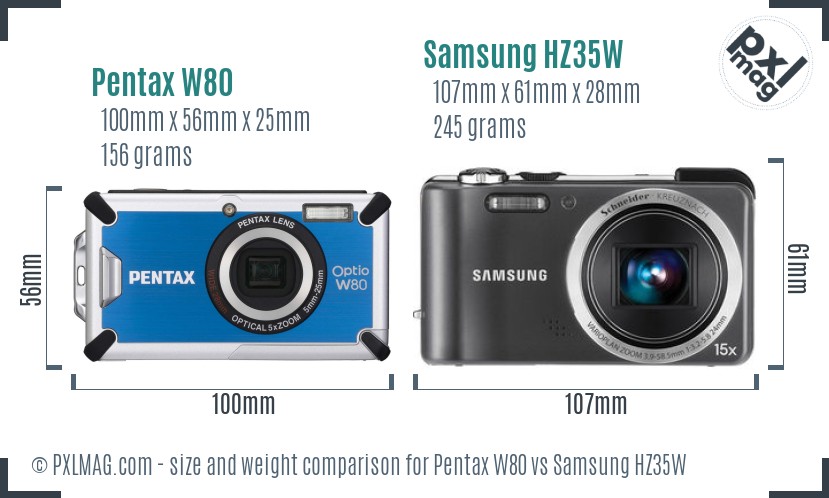 Pentax W80 vs Samsung HZ35W size comparison
