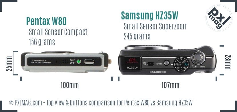 Pentax W80 vs Samsung HZ35W top view buttons comparison