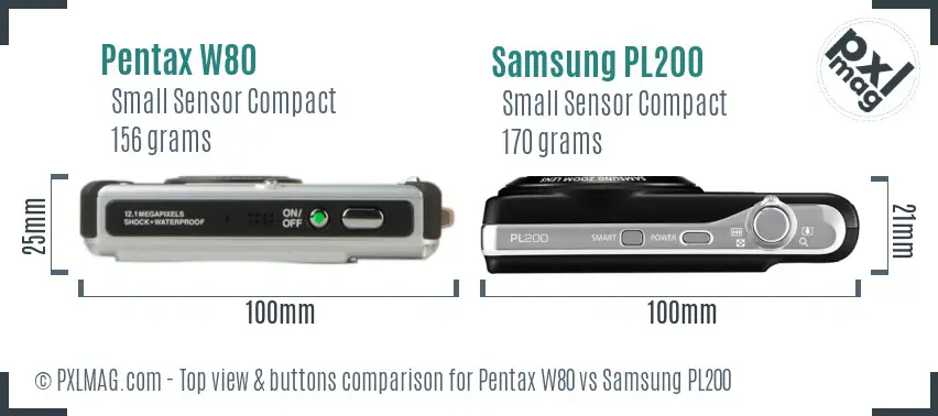 Pentax W80 vs Samsung PL200 top view buttons comparison Pentax W80 vs Samsung PL200 top view buttons comparison