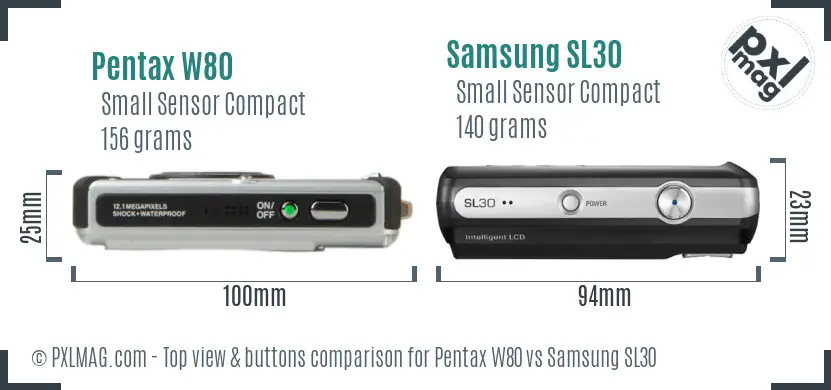 Pentax W80 vs Samsung SL30 top view buttons comparison