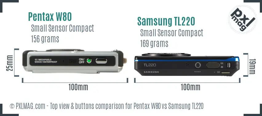 Pentax W80 vs Samsung TL220 top view buttons comparison Pentax W80 vs Samsung TL220 top view buttons comparison