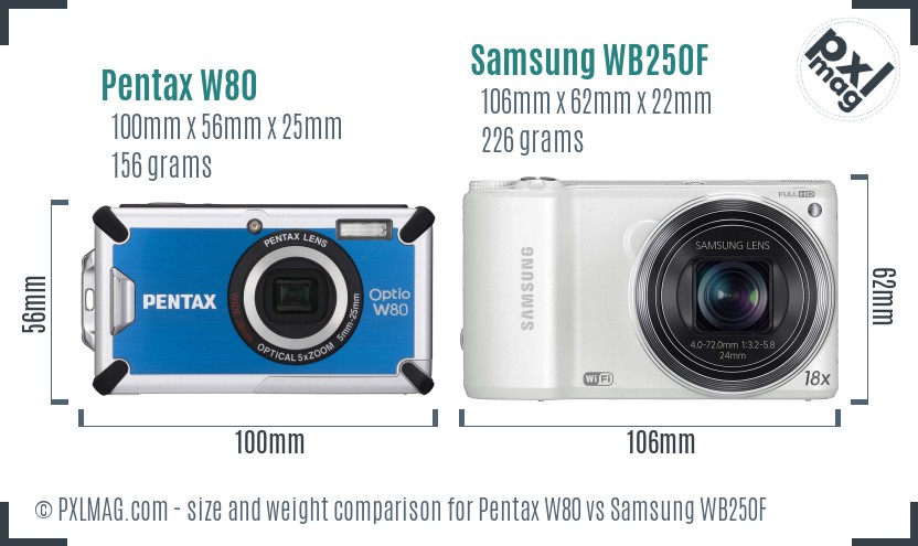 Pentax W80 vs Samsung WB250F size comparison