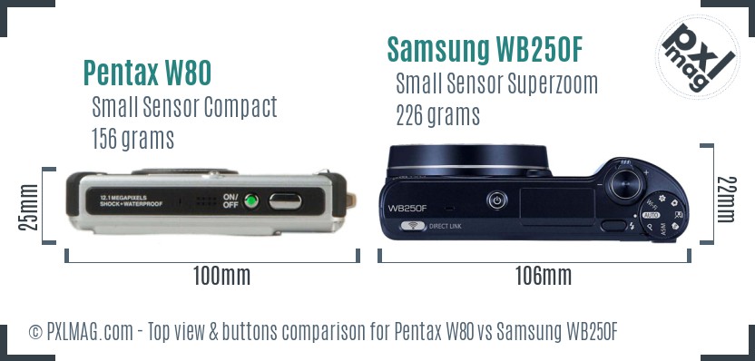 Pentax W80 vs Samsung WB250F top view buttons comparison